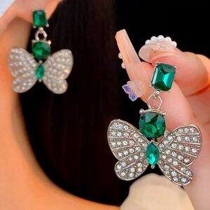Glam Luxe Butterfly Emerald Rhinestone Drop Statement Earrings